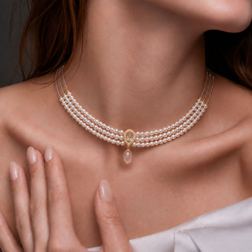 Swarovski Pearl Choker Necklace with Gold Plated Zircon Pendant and Peach Moonstone Drop