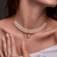 Swarovski Pearl Choker Necklace with Gold Plated Zircon Pendant and Peach Moonstone Drop