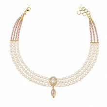 Swarovski Pearl Choker Necklace with Gold Plated Zircon Pendant and Peach Moonstone Drop