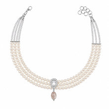 Swarovski Pearls Choker With Silver Finish Zercon Pendant And Peach Moonstone Drop. A Class Collectable To Accentuate Any Look.