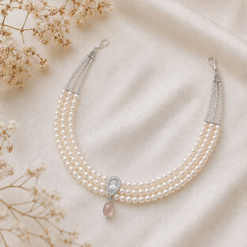 Swarovski Pearls Choker With Silver Finish Zercon Pendant And Peach Moonstone Drop. A Class Collectable To Accentuate Any Look.