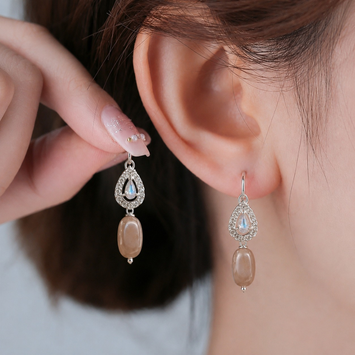 Hook Earings In Zercon With Silver Rhodium Finish With Peach Moonstone Drop