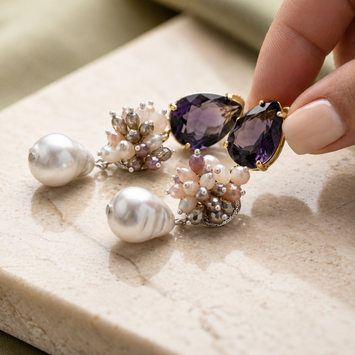 Smoky Purple Crystal and Freshwater Pearl Drop Earrings