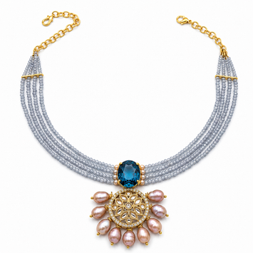 Symphony in Blue Multi Strand Beaded Necklace with Pearl Pendant