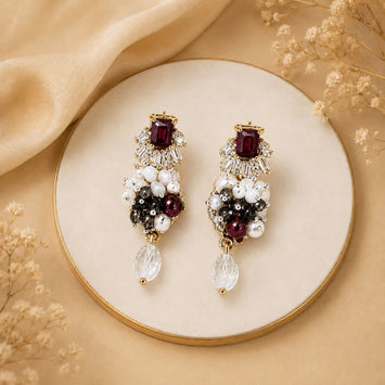 Handcrafted Gemstones And Natural Freshwater Pearl Mesh Earrings