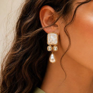 Mother Of Pearl Earings With Light Gold Shell Pearls Drops