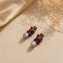 Handcrafted Grape Cluster Ruby and Pearl Drop Earrings