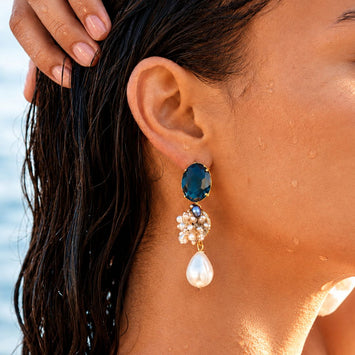 Smoky Blue Crystal and Freshwater Pearl Drop Earrings