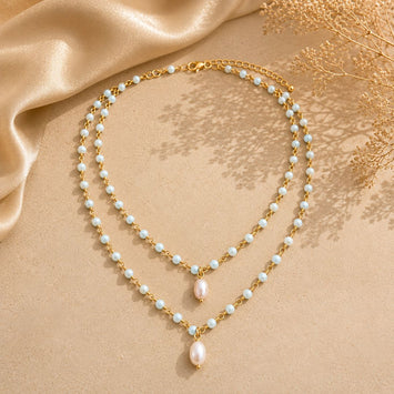 Ocean Breeze Aqua Chain Necklace with Pearl Drops