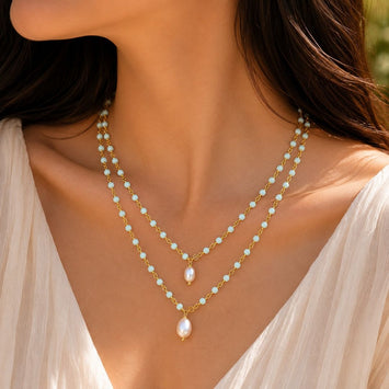 Ocean Breeze Aqua Chain Necklace with Pearl Drops