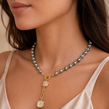 Contemporary Grey Pearl and Mother of Pearl Drop Necklace
