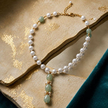 Japanese Pearl Necklace with Green Aventurine Drops