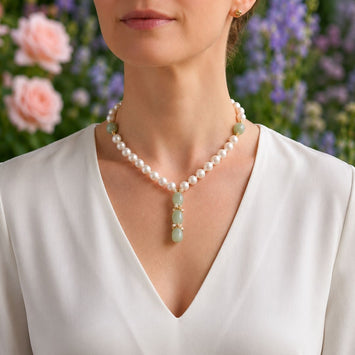 Japanese Pearl Necklace with Green Aventurine Drops