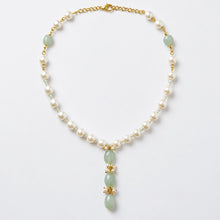 Japanese Pearl Necklace with Green Aventurine Drops