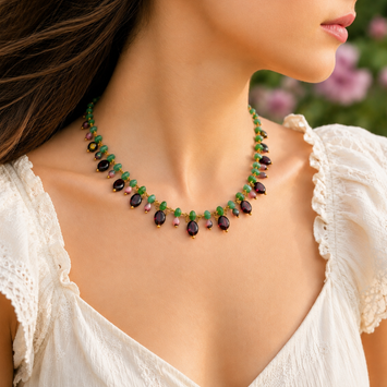Classic Garnet Drop Necklace with Emerald Green Chain