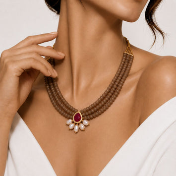 Divine Unblemished Brown Onyx and Ruby Red Kundan Necklace