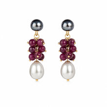 Handcrafted Grape Cluster Ruby and Pearl Drop Earrings