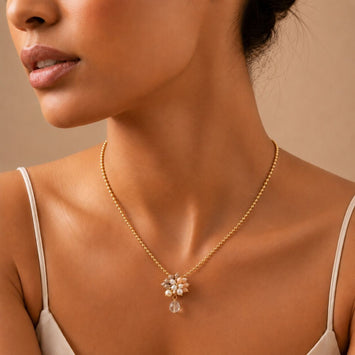 Swarovski Pearl Choker Necklace with Gold Plated Zircon Pendant and Peach Moonstone Drop