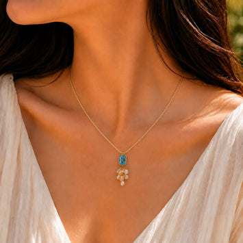 Rose Quartz Chain with Blue Crystal Pendant and Soft Gold Crystal Drops