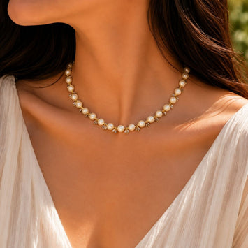 Textured Soft Gold Japanese Pearls with Zircon Crystal Drops Necklace