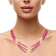 Three Layered Ruby Pink Gemstone and Freshwater Pearl Necklace