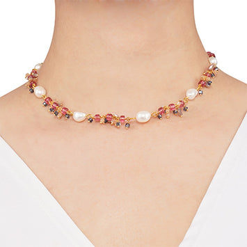 StyleAura - Delicate Ruby Red Chain with Freshwater Pearl Necklace SAOL10254