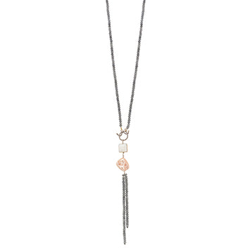 Grey Agate Long Length and Loop Pendant with Pearl Necklace