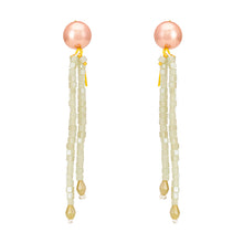 Long Crystal Shimmer Earrings in Olive Green and Pink Pearl