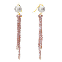 Long Crystal Shimmer Earrings in Purple Pink and Silver Grey Pearl